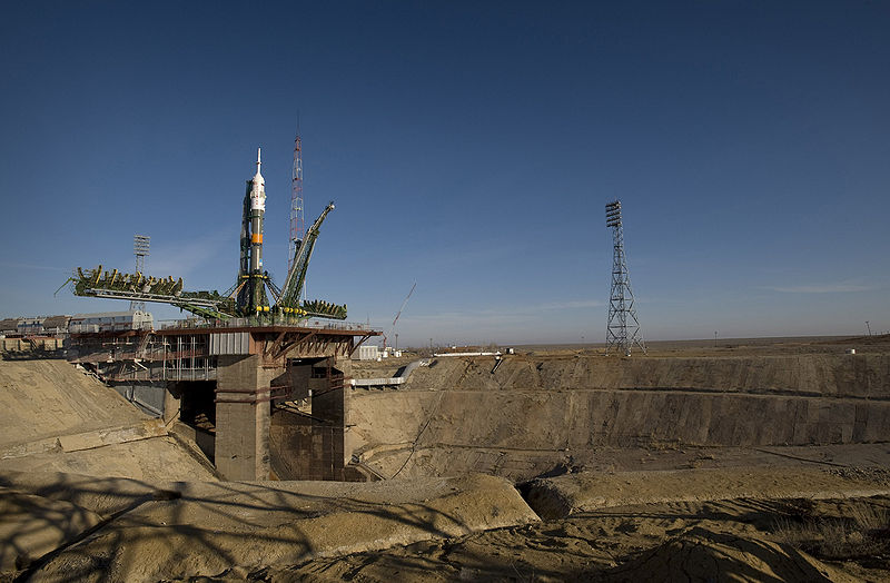 A Soyuz rocket is erected into position at the Baikonur Cosmodrome's Pad 1/5 (Gagarin's Start) on 24 March 2009.