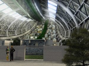 The interior of a torus-shaped revolving space station (artistic concept by Mrazvan22 via Wikipedia)